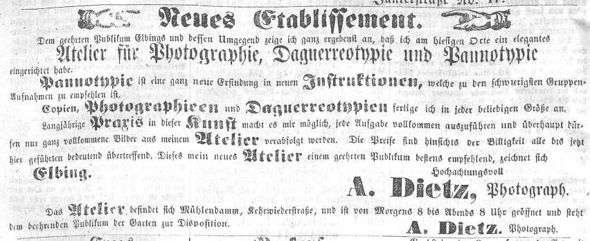 Ogłoszenie Alberta Dietza w Elbinger Anzeigen z 21 maja 1856 roku
