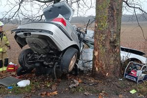 Poważny wypadek pod Olsztynem. BMW uderzyło w drzewo z dużą prędkością [ZDJĘCIA]