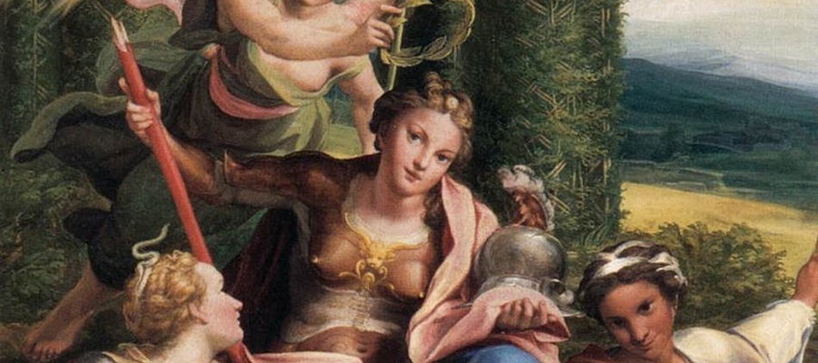 Alegoria cnoty. Cnocie (postać kobiety) towarzyszą liczne atrybuty cnót szczegółowych (wąż, cyrkiel, miecz, uprząż, skóra lwa, tarcza i hełm). Antonio Allegri da Correggio, olej na płótnie (1525)