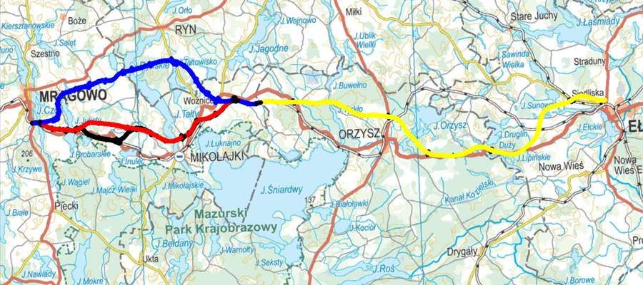 RDOŚ w Olsztynie nie zgodził się zarekomendowany przez drogowoców wariant B ( kolor czarny) drogi S16 przez Mazury