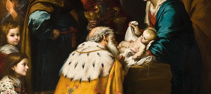 Pokłon Trzech Mędrców przed nowo narodzonym Jezusem (Adoración de los Reyes Magos, pędzla Bartoloméa Murillo; Muzeum w Toledo)