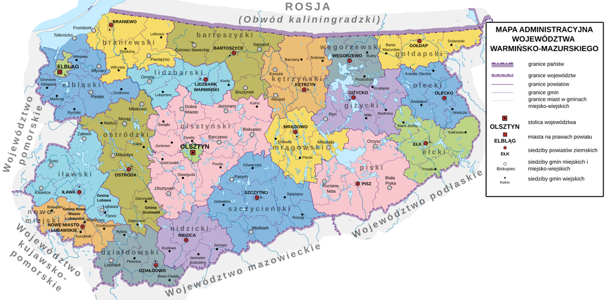 województwo warmińsko-mazurskie; mapa administracyjna