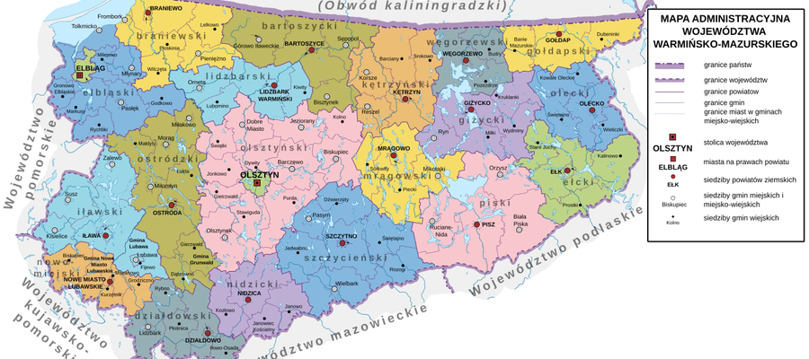 województwo warmińsko-mazurskie; mapa administracyjna