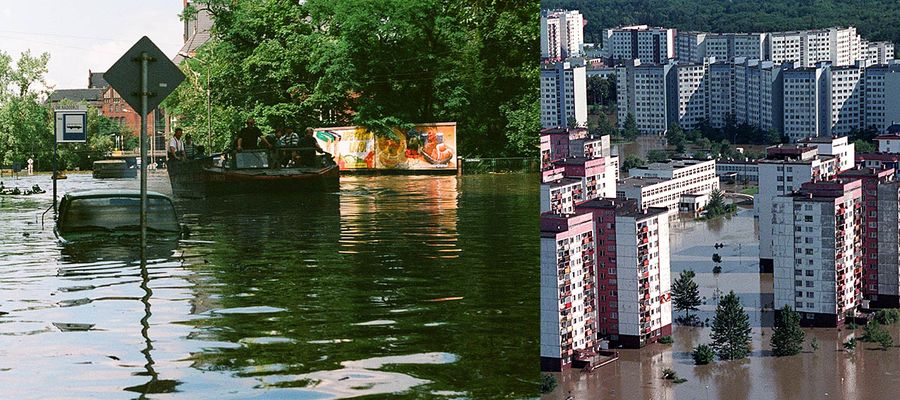 Zalane ulice i osiedla podczas "powodzi tysiąclecia" we Wrocławiu