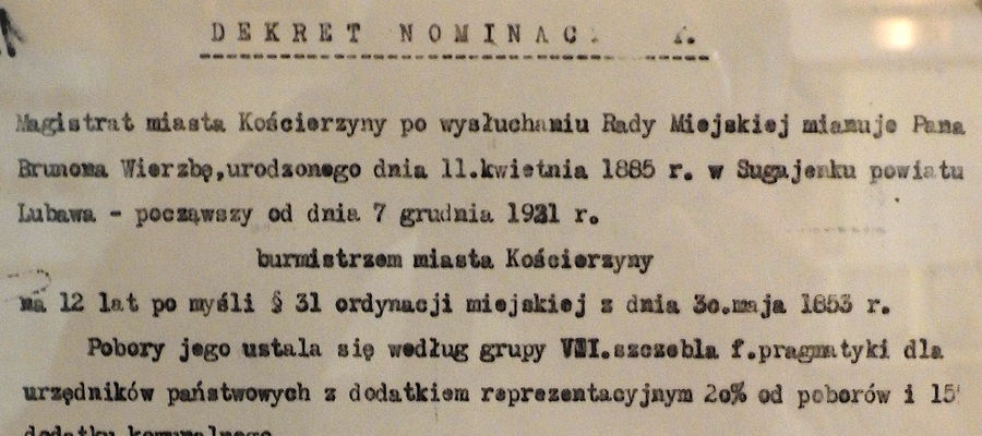 Fragment Dekretu Nominacji Brunona Wierzby na urząd burmistrza Kościerzyny