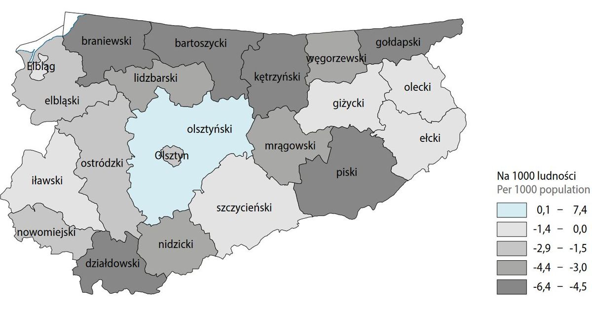 Saldo migracji ludności na pobyt stały według powiatów w 2023 r. (za US Olsztyn)


