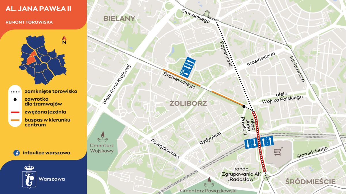 Al. Jana Pawła II_remont torowiska_graf. Infoulice Warszawa