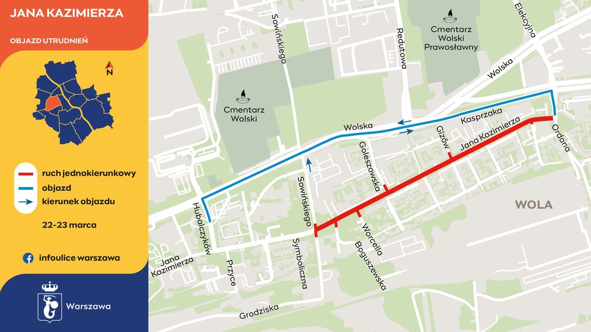 Asfaltowanie ulicy Jana Kazimierza - objazd zamkniętego odcinka_graf. Infoulice Warszawa