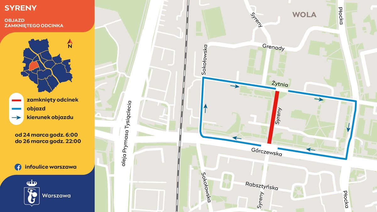 Ulica Syreny - objazd zamkniętego odcinka_graf. Infoulice Warszawa