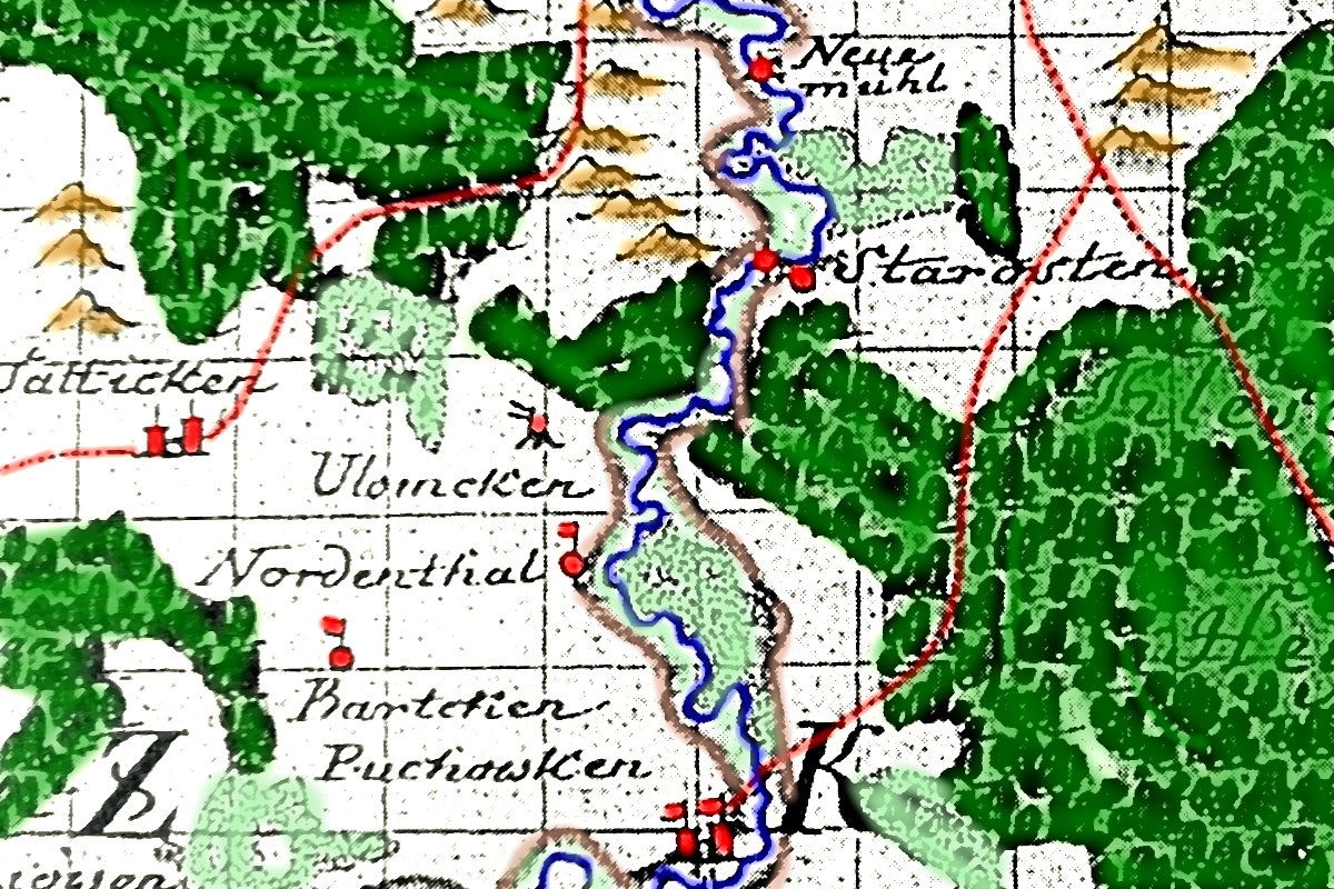 Nory (Nordenthal) na mapie Jana Władysława Suchodolca z 1732 r.