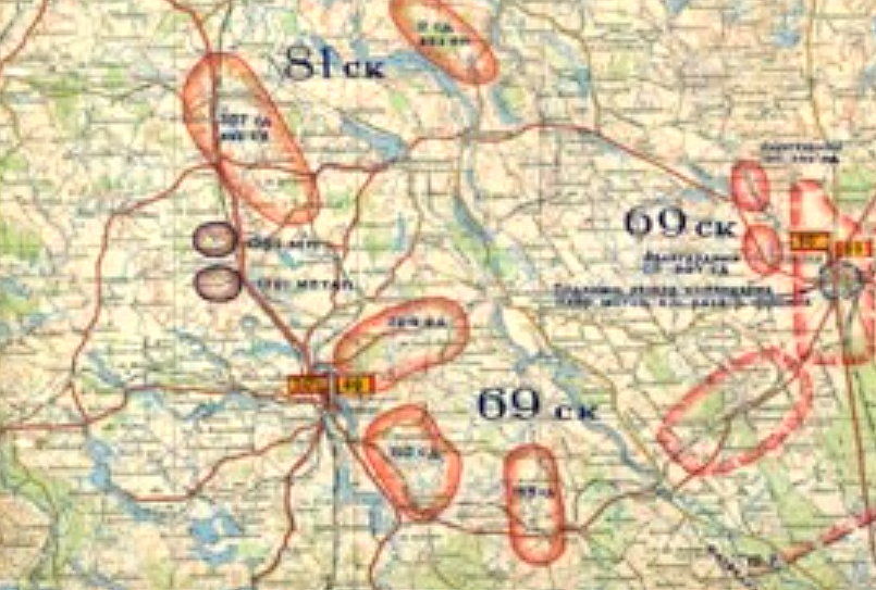 Okolice Olecka w lipcu 1945 r. Fragmenty mapy z decyzją gen. Ozierowa z 11 lipca 1945 r.