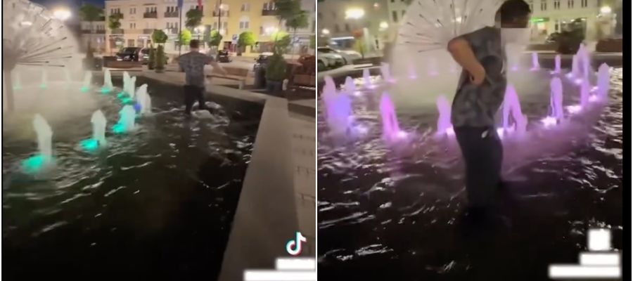 [VIDEO] Kąpiel nietrzeźwych w fontannie na rynku w Lubawie